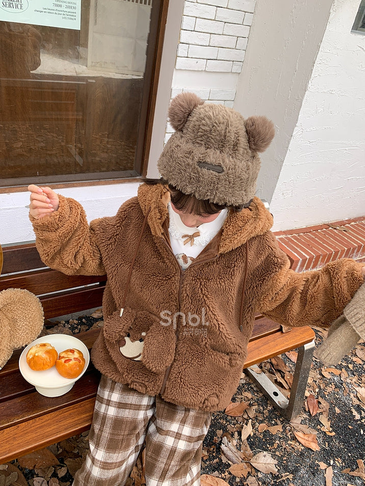 Brauner Fleece-Kapuzenpullover mit süßem Welpen-Taschendesign