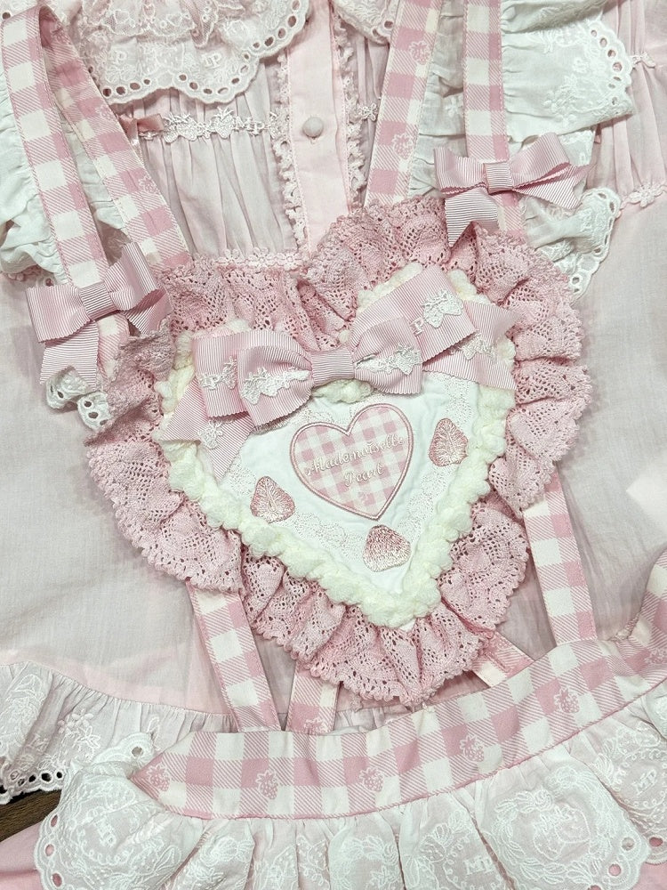Pink with Bows Applique Print Strawberry Overall Sweet Lolita Dress and Sweetheart