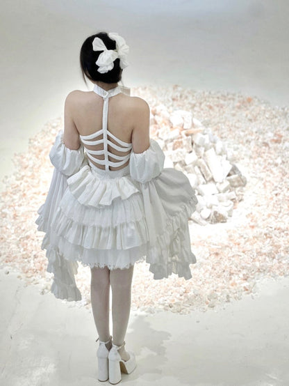 ホワイトカットアウトホルターネックドレスジャンパースカート