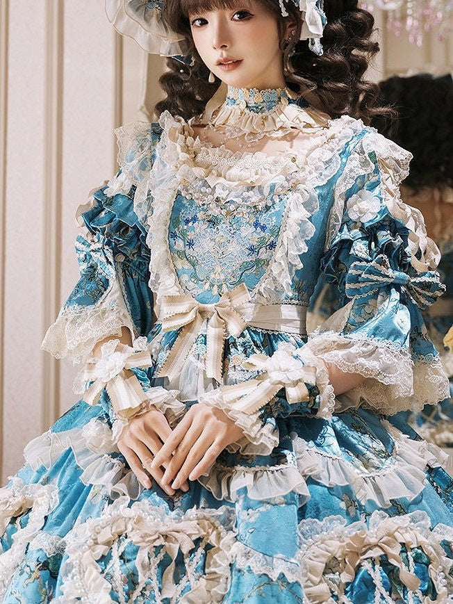 and Blue Bow Lace-Trimmed Flower with Wrist White Accents Lolita Cuffs