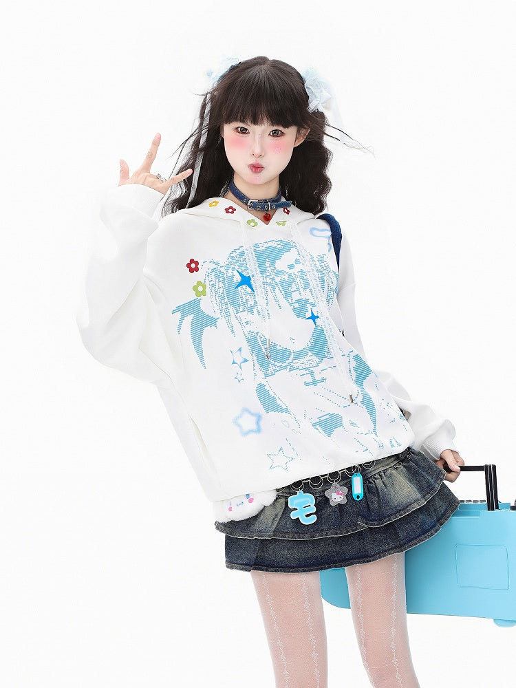 Hoodie White/Pink Lace and Girl Cartoon Winged Print Drawstrings with