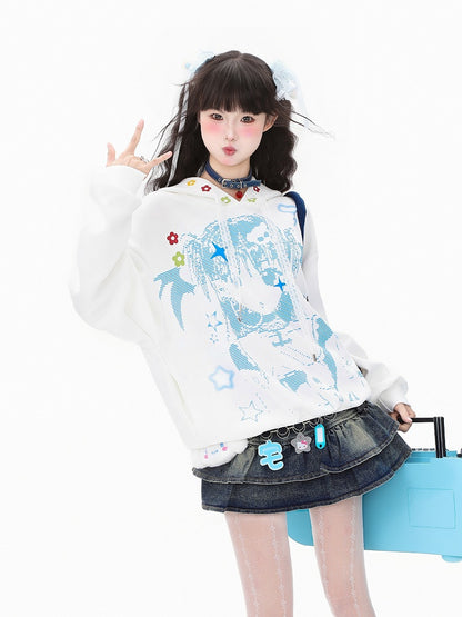 Hoodie White/Pink Lace and Girl Cartoon Winged Print Drawstrings with