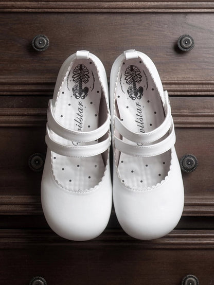 Round Cross White Flats Velcro Gothic Embroidery Toe Strap Closures