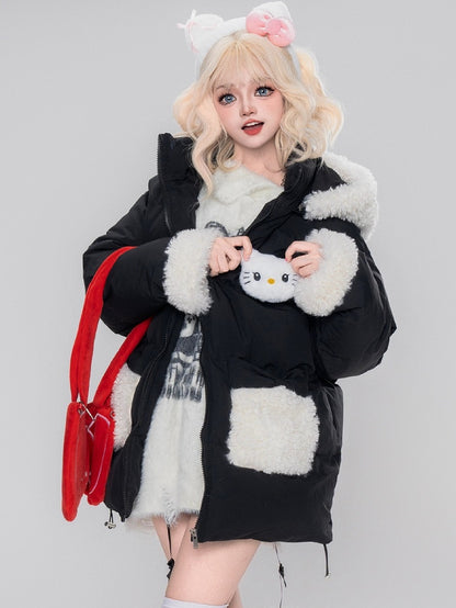 Rosa/schwarze Pufferjacke mit Kapuze und Plüschbündchen mit Kätzchen-Verzierung