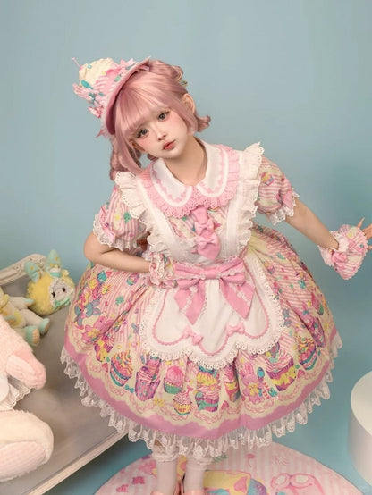 and White Collar Pan Pink Lolita Peter Bunny Cupcake Dress Print Maid