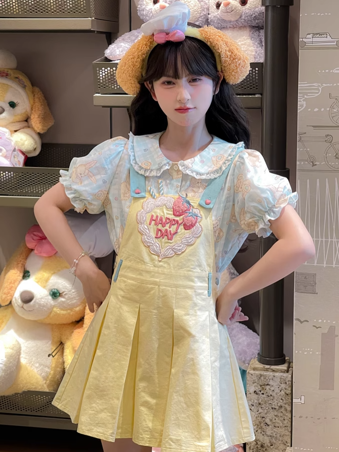 Erdbeere Stickerei Gelb Box Pleated Overall Kleid Süß