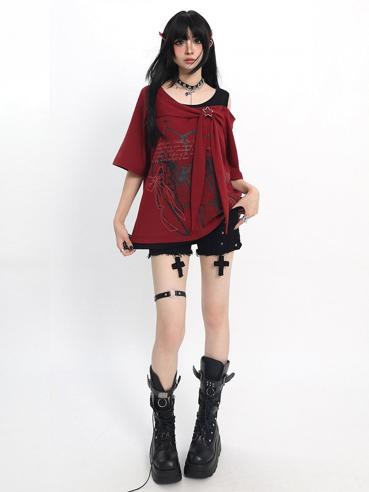 Cutout Shoulder Tee with Bow Print in Red - Catwish