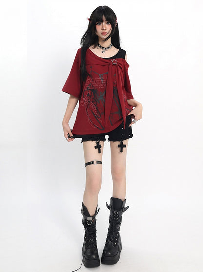 Cutout Shoulder Tee with Bow Print in Red - Catwish