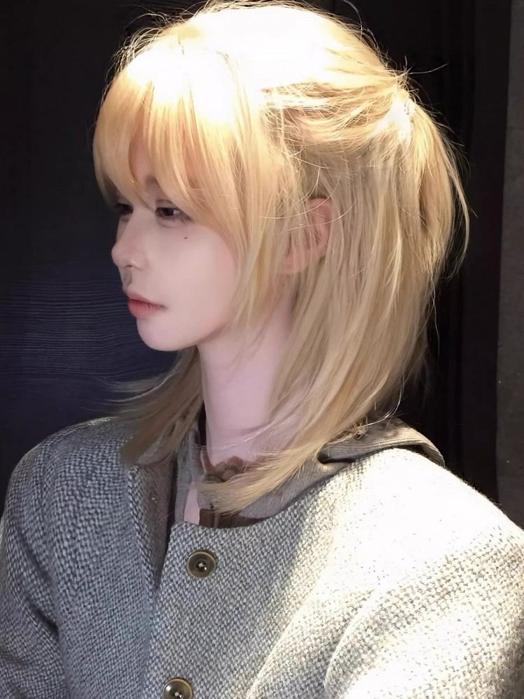 Blonde/Black 45cm Long Straight Wig with Curtain Bangs - Hui Ran