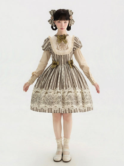 Version Lolita Embroidery Bodice Floral Pattern One and Brown Bowknot Short Striped Piece Classic