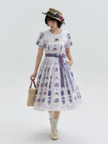 White-Purple Pansy Print Pleated Elegant Lolita OP Gown