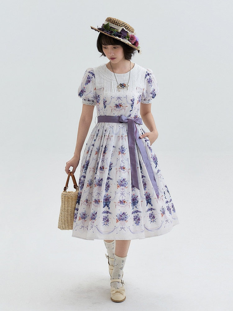 White-Purple Pansy Print Pleated Elegant Lolita OP Gown
