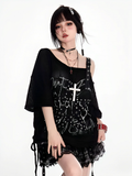 Y2K Schwarzes, asymmetrisches T-Shirt mit Sternträgern und Bittersüß