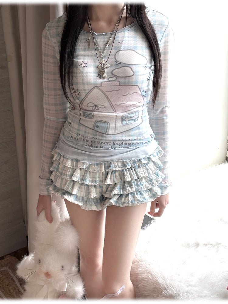 ブルーのチェック柄ティアードフリルスコートハウスプリントフェイクツーピーストップ/モダール