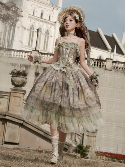 Green Oil Painting Print Flowers Tulle Hemline Lolita Skirt