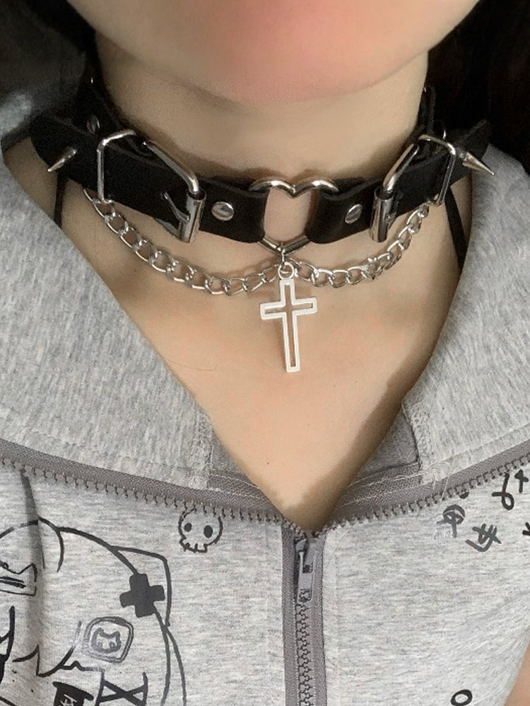 Schnallen Nieten Choker Kreuz Anhänger Schwarz/Weiß Punk Details Design