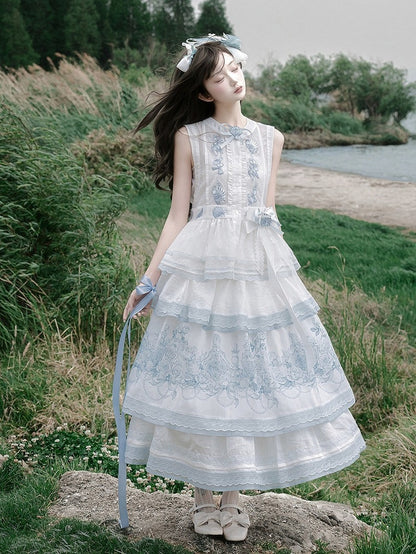 Layered Blue & White Lace Tencel Skirt with Floral Print - Yimu Walnut