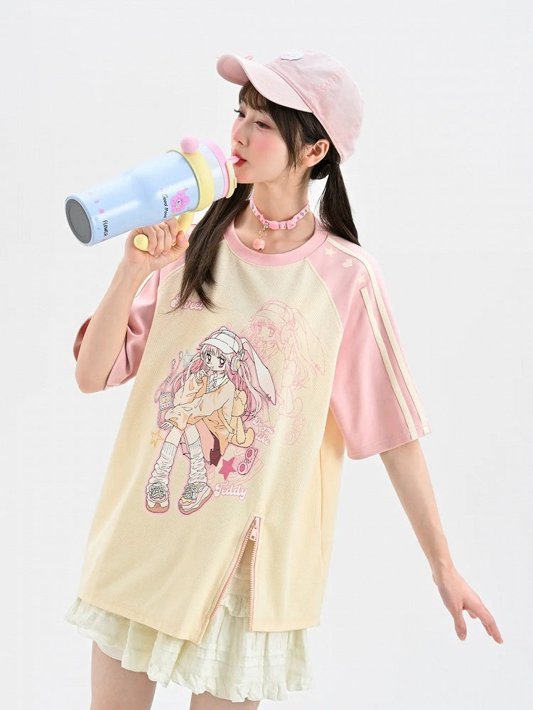Beige and Pink Colorblock Design Anime Print Bittersweet Zip T-Shirt Y2K Hem