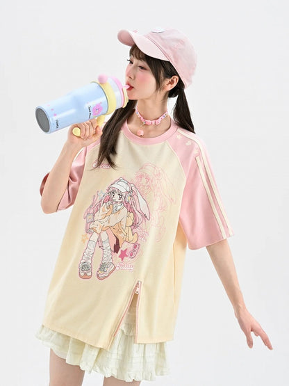 Beige and Pink Colorblock Design Anime Print Bittersweet Zip T-Shirt Y2K Hem