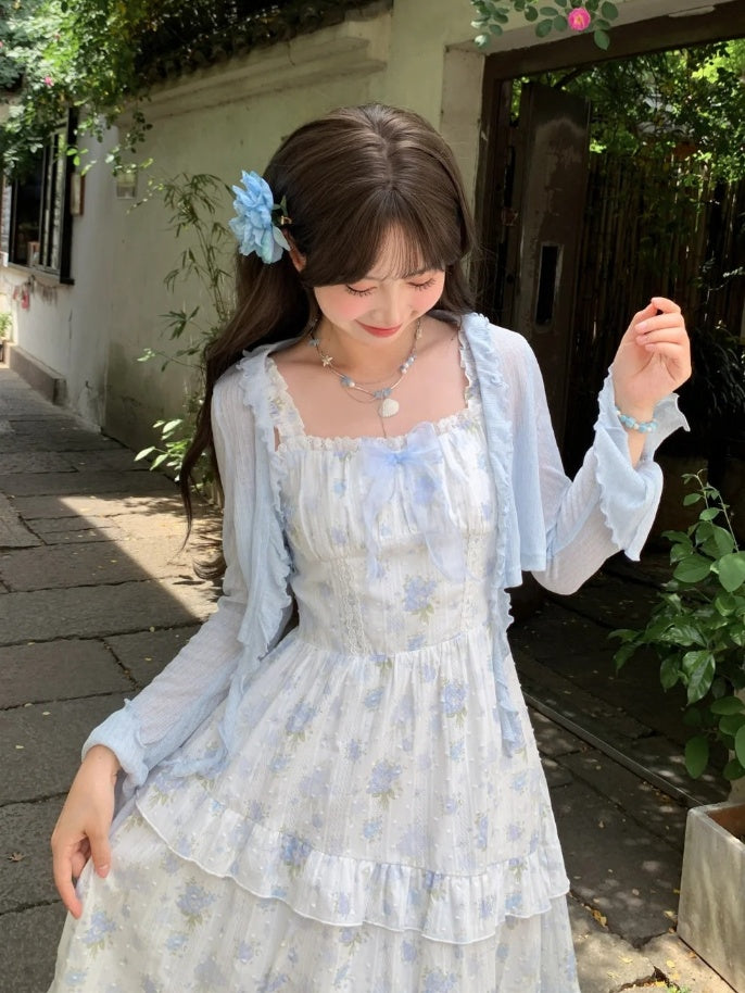 Trim Cuffs Light Blue Bowknot Ruffle Details Open Placket Chiffon Top