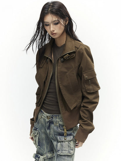Khaki - Neck Cinching Jacket Vintage Mock Waist