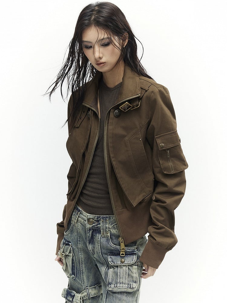Khaki Cinching Vintage Jacket Fleece Lining Waist - Mock Neck
