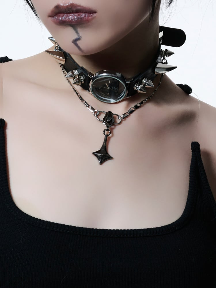 Y2K Schwarze Cyberpunk Metalluhr Doppellagiges Choker