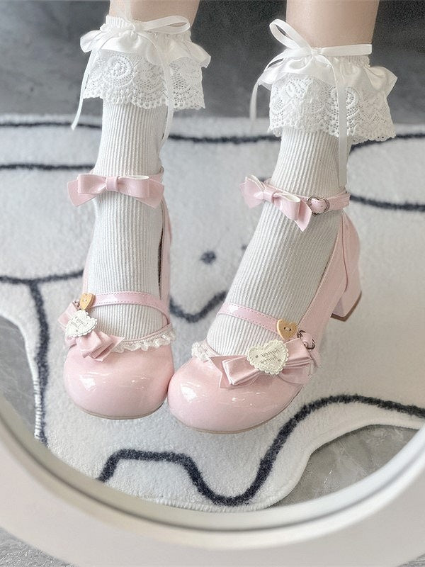 Snap Bow with Decor Lolita Shoes Sweet Pink Mid-heel Heart PU Round-Toe