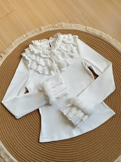 Knit Layered with Ruffles Soft Lolita and Top White for Warm Autumn/Winter