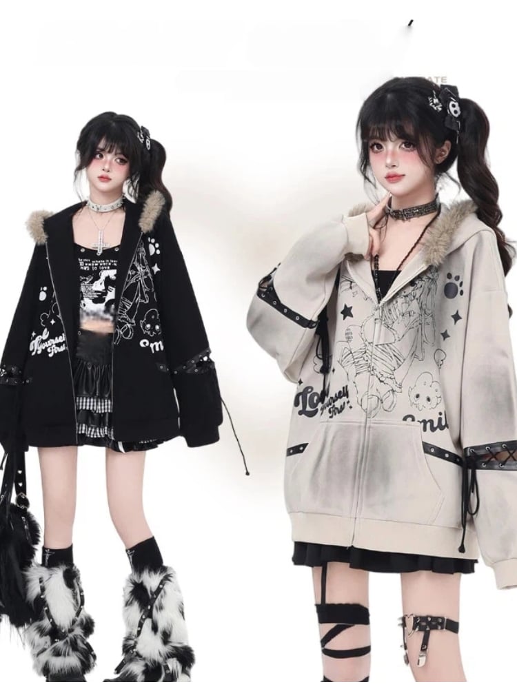 Collar Fur Punk Faux Detail with Lace-Up Coat Khaki/Black Loose