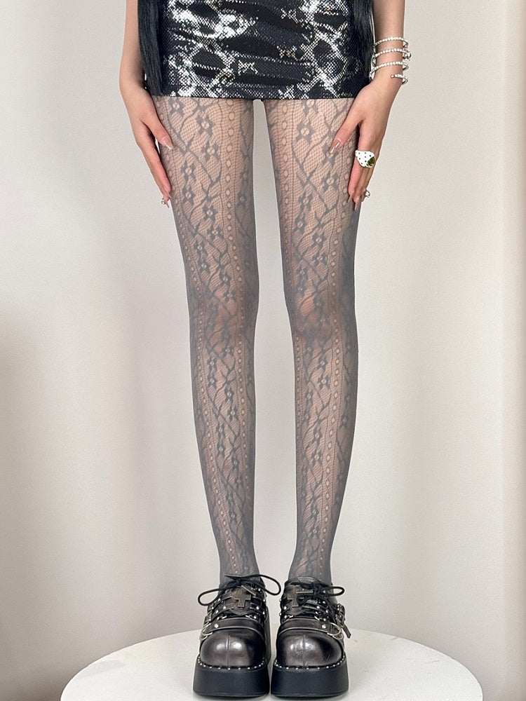 Design Tights Hollow-out Black/White/Gray/Brown/Blue Floral Pattern