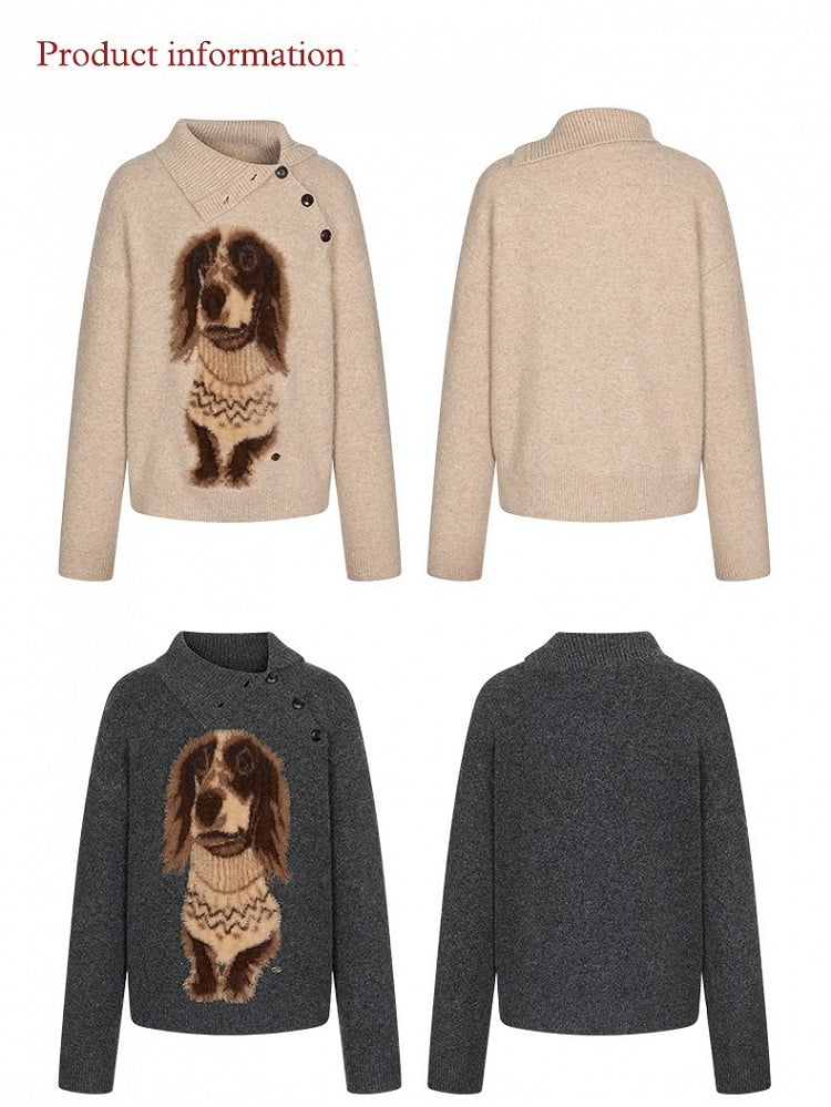 Vintage-Inspired Asymmetrical Neckline Sweater with Plush Sausage Dog Design Apricot/Dark Gray