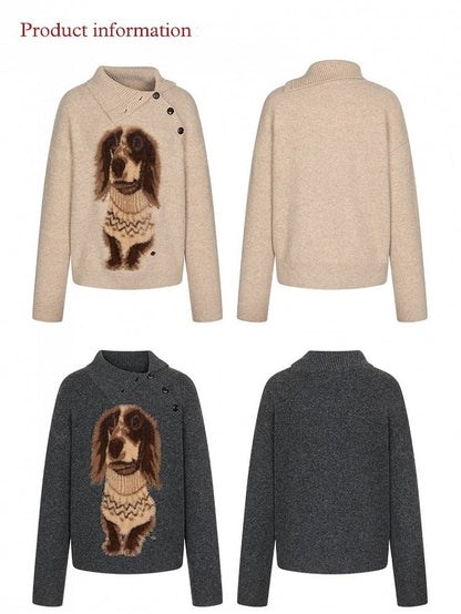 Vintage-Inspired Asymmetrical Neckline Sweater with Plush Sausage Dog Design Apricot/Dark Gray