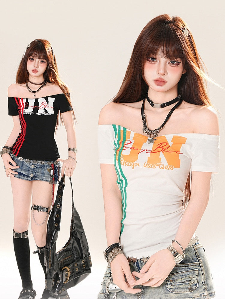 ホワイト/ブラックTシャツ ネックライン レタープリント オフショルダー