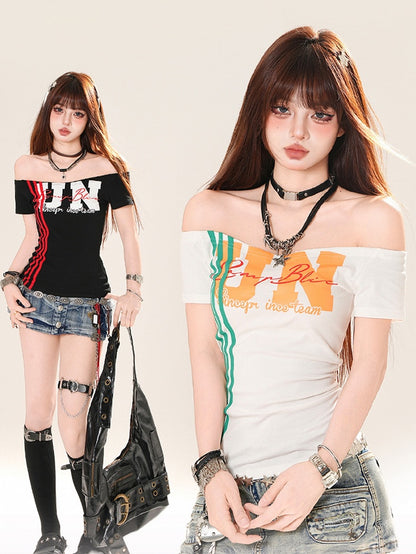 ホワイト/ブラックTシャツ ネックライン レタープリント オフショルダー