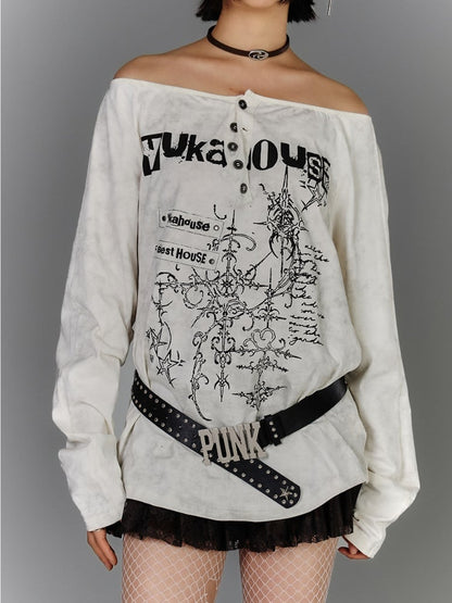 Apricot – Schulterfreies Baumwolltop mit grafischem Ausschnitt im Used-Look