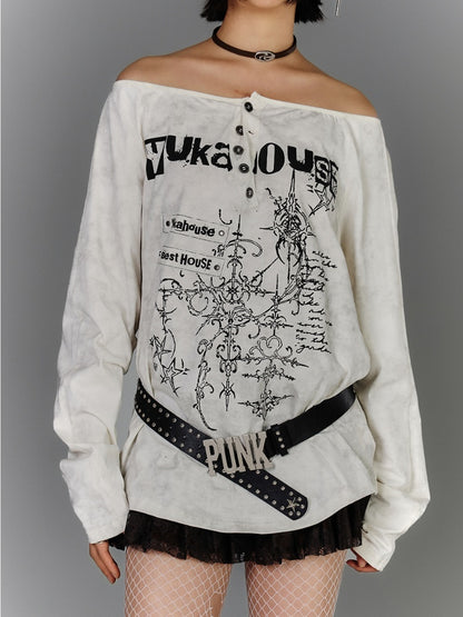 Apricot Off-the-shoulder Graphic Cotton Top Distressed Neckline