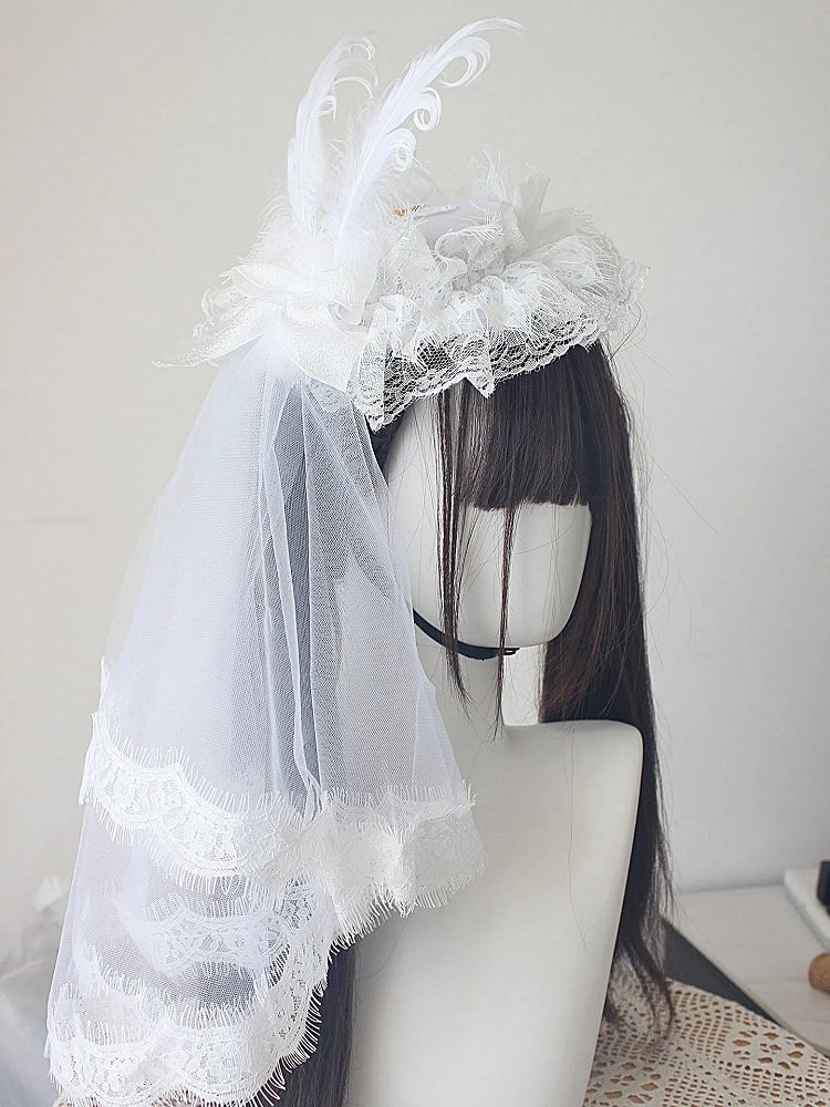 Hat with Black / Veil Mini Lolita White Flat