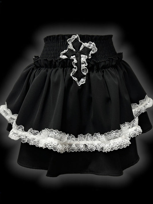 Y2K Black Cross Applique Lace Accents Punk Tiered Mini Skirt