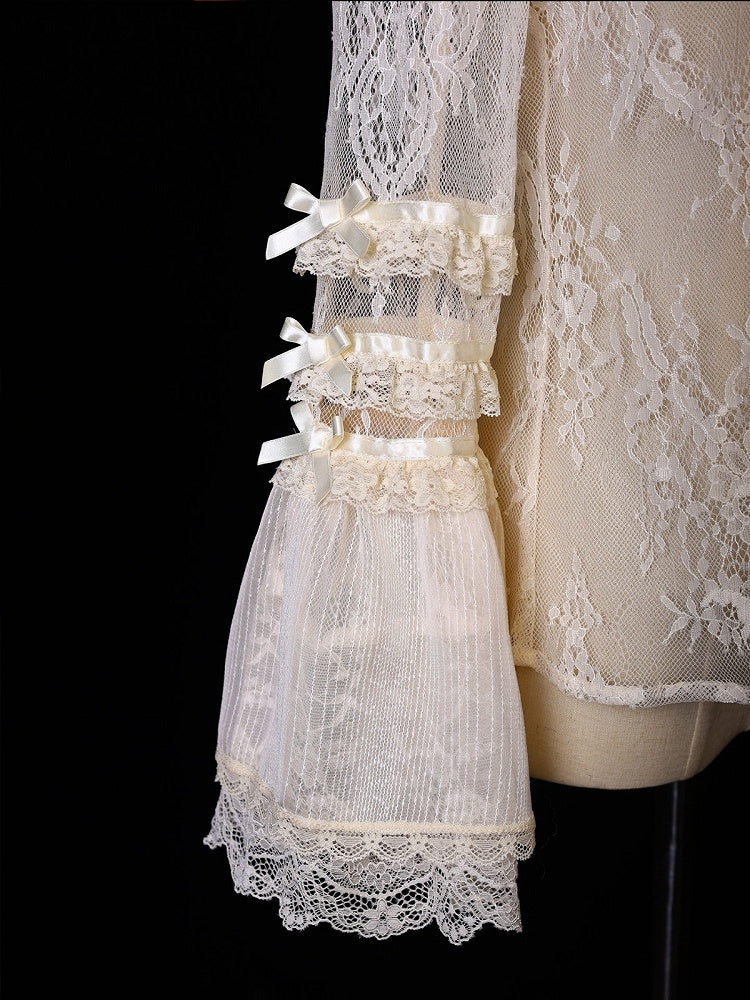 Beige Lace Bell Sleeve Blouse with Stand Collar Accent - Twin Bear Original Design