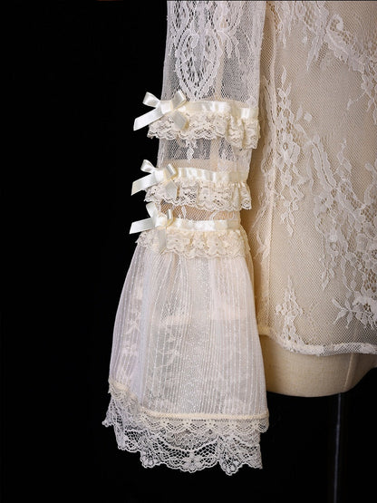 Beige Lace Bell Sleeve Blouse with Stand Collar Accent - Twin Bear Original Design