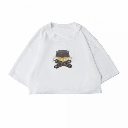 Lightweight White Pudding-Printed Short-Sleeved Top with Plaid Strip Accents - PINK SAVIOR