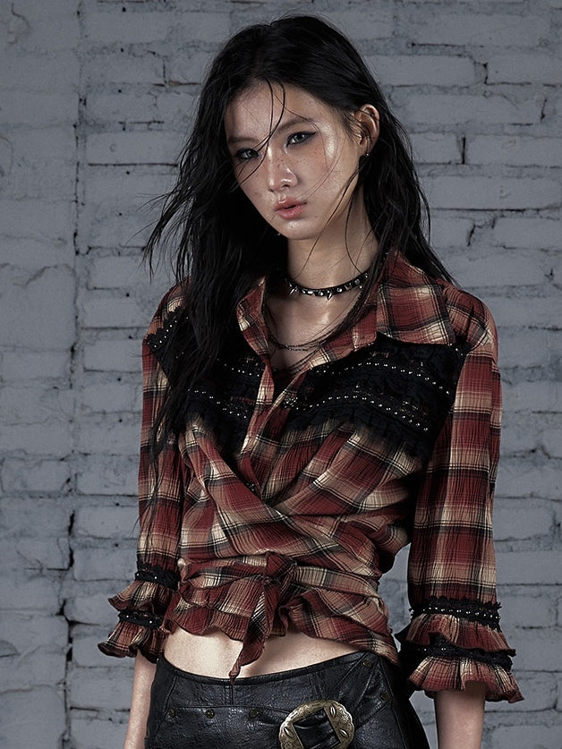 ウェイストランドシャツパターンパンクトリムチェック柄レースレッド