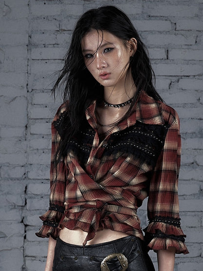 ウェイストランドシャツパターンパンクトリムチェック柄レースレッド