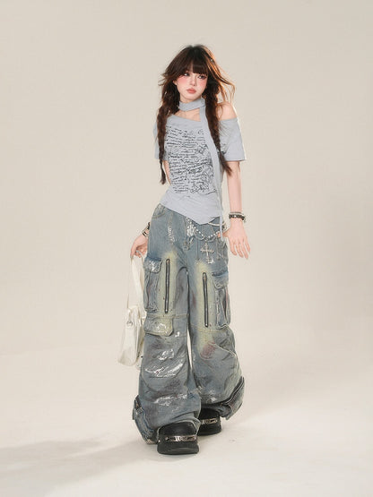 with Graphic T-Shirt White/Blue Asymmetrical Neckline Curved Scarf Free Glamorous Hem