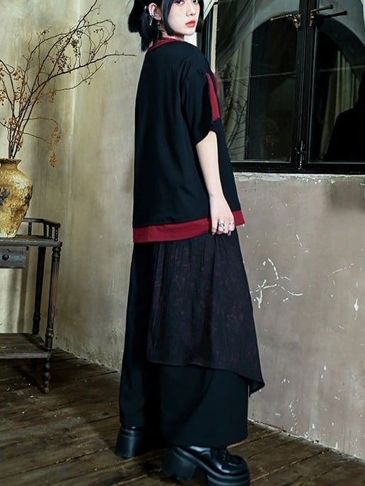 Chinese Print Gothic Black Drawstring Cuffs Talisman Red Pants Sash Wide-leg And With