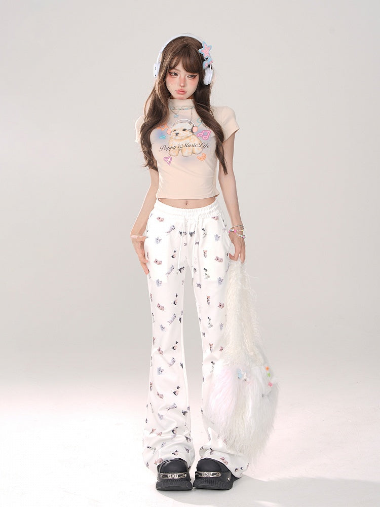Elastic Comfortable Pattern Cat Flared White Pants: with Leg Kawaii Waist Thicken/Regular