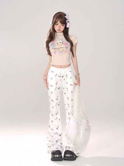 Elastic Comfortable Pattern Cat Flared White Pants: with Leg Kawaii Waist Thicken/Regular