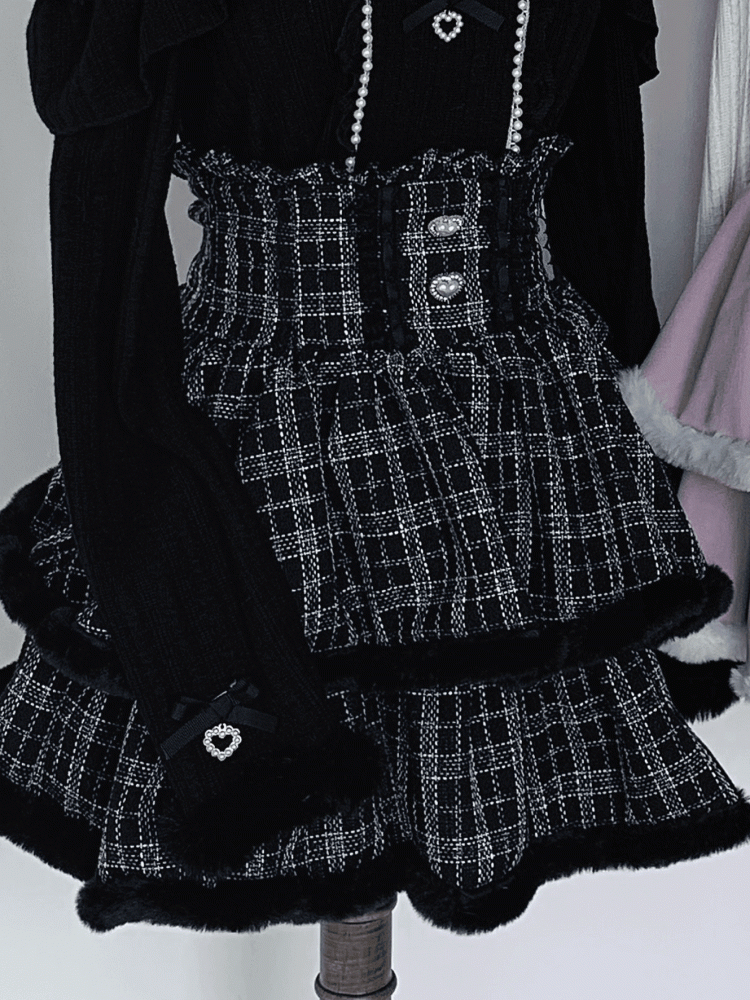 High Waist Tiered Skirt Double-Layered Plush Trim  Plaid Jirai Kei Pink/Black