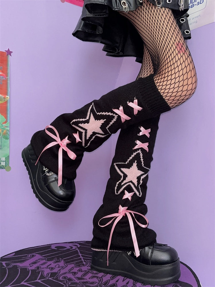 Black White Lace-up Detail Knitted Star Leg Warmers